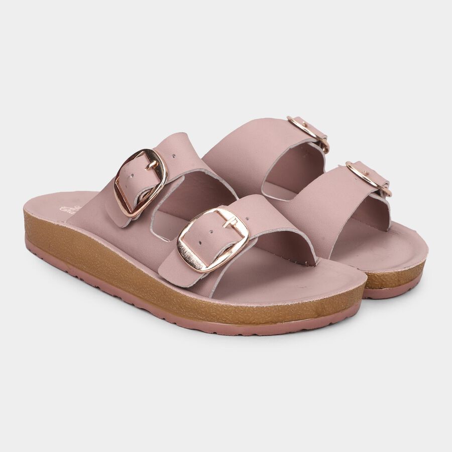 Women's Muted Pink Buckle Strap Flat Sandals, बैंगनी, large