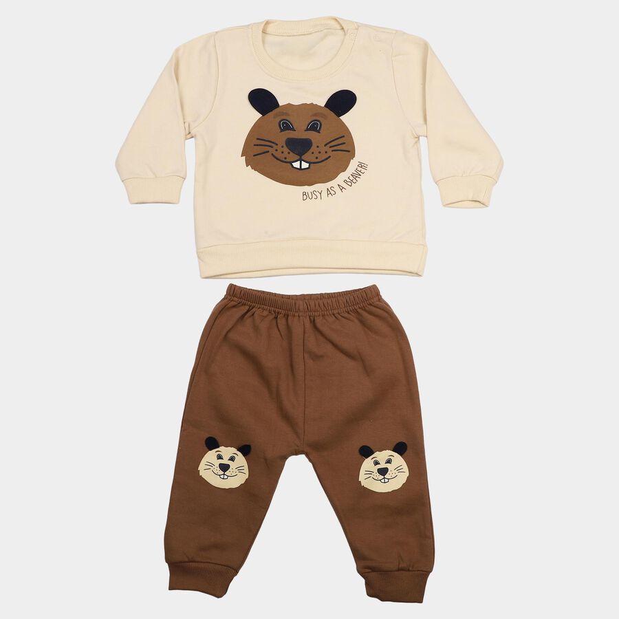 Infants' Beige Round Neck Graphic Baba Suit, Beige, large