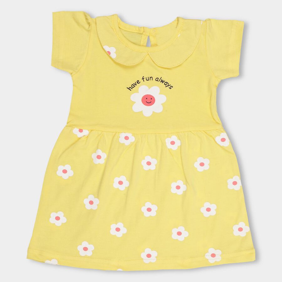 Infants' Bright Yellow Cotton Collar Printed Frock, Yellow, large
