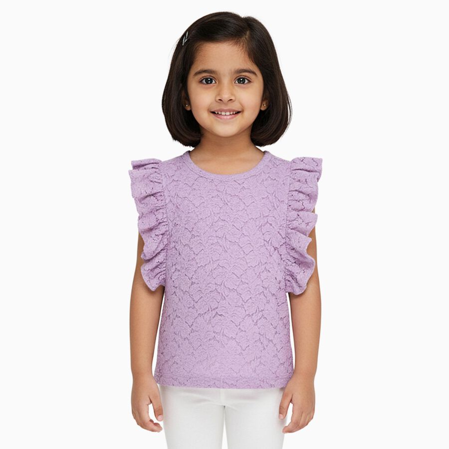 Girls' Soft Lavender Round Neck Romantic T-Shirt, लाइलेक, large image number null