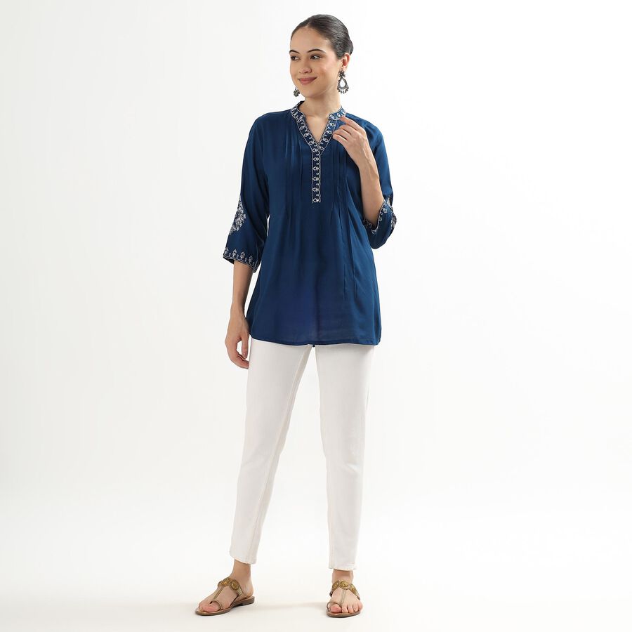 Ladies' Deep Midnight Blue V-Neck Embroidered Kurti, Teal Blue, large image number null
