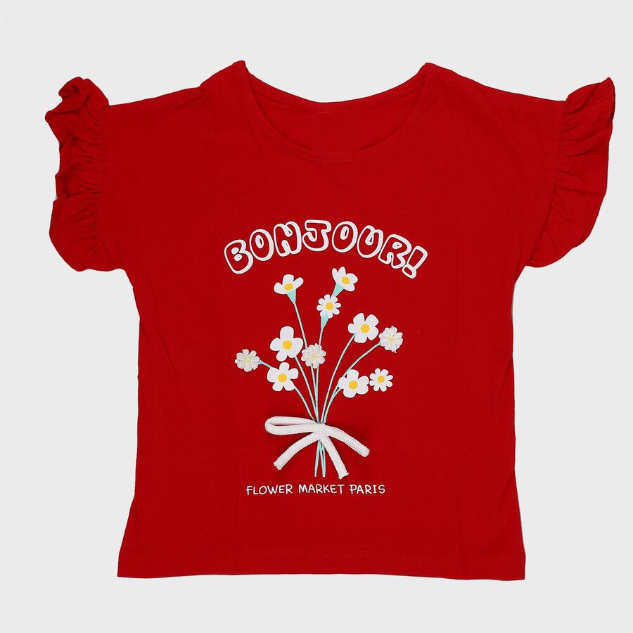 Girls Red 100% Cotton Round Neck Casual T-Shirt, Red, large
