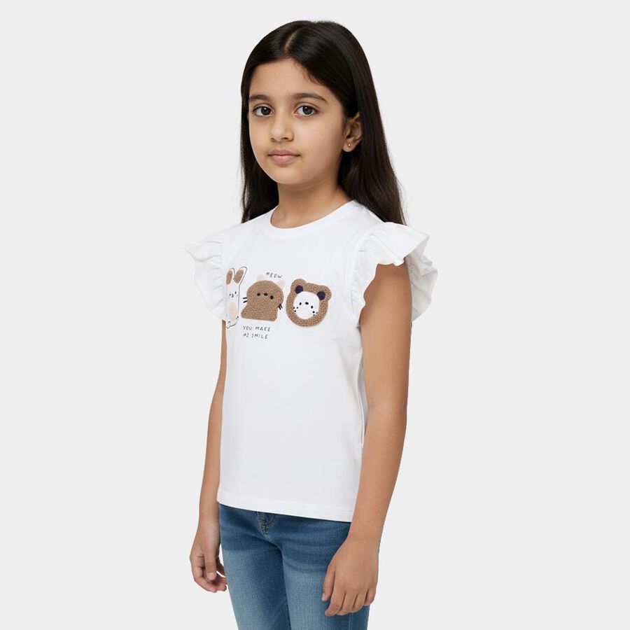 Girls Snow White Cotton Round Neck Casual T-Shirt, White, large image number null