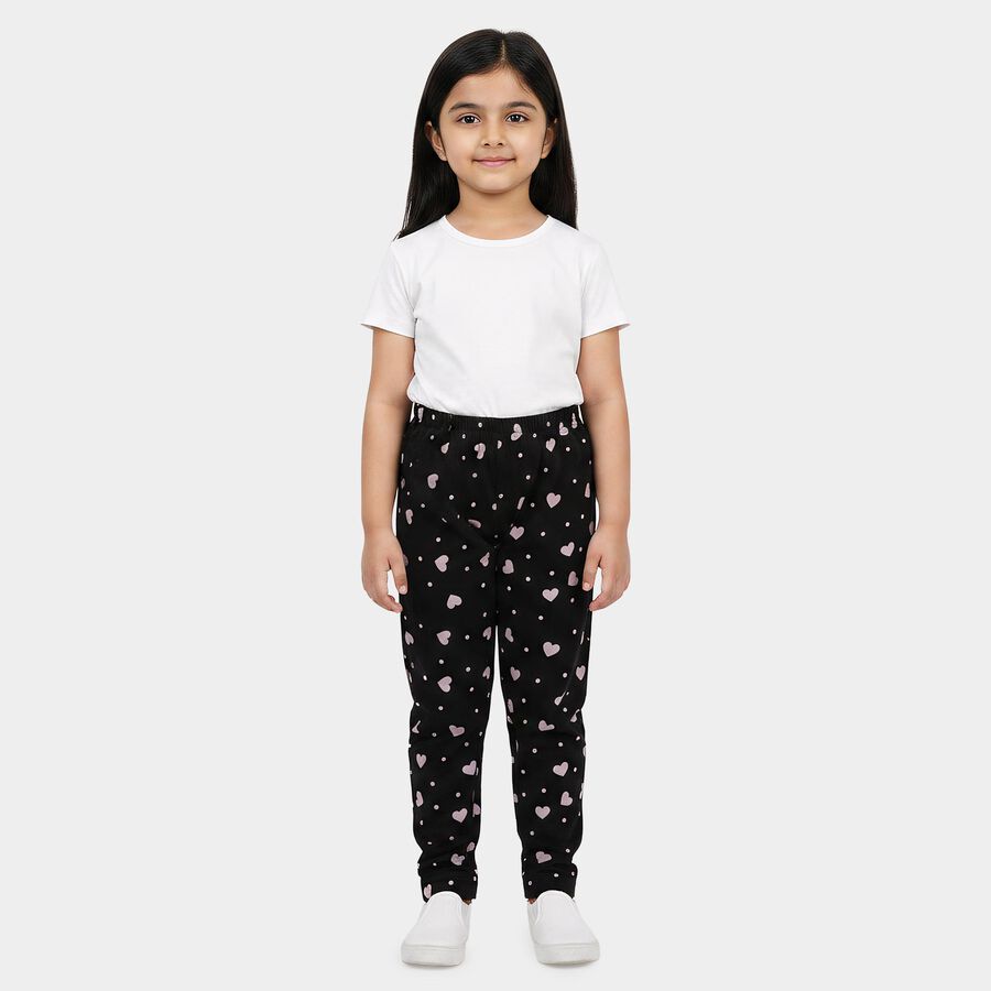 Girls Black Straight Fit Heart Printed Pyjama, काला, large