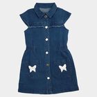 Girls' Blue Fit and Flare Butterfly Applique Denim Frock, मध्यम नीला, small