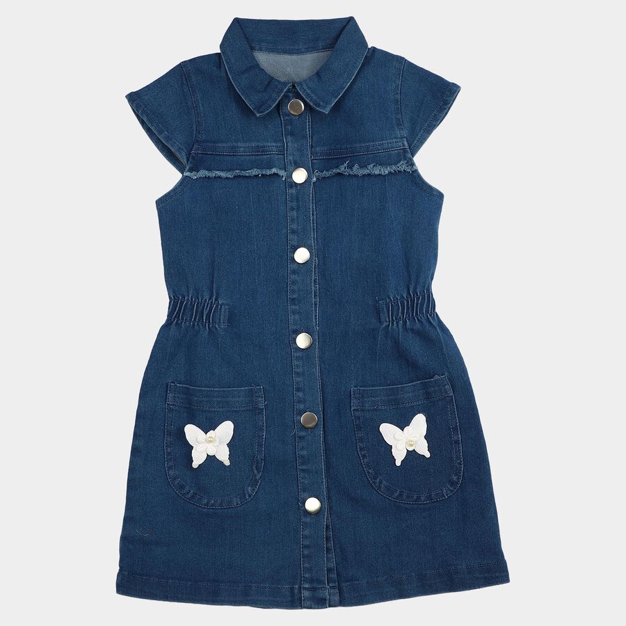 Girls' Blue Fit and Flare Butterfly Applique Denim Frock, मध्यम नीला, large
