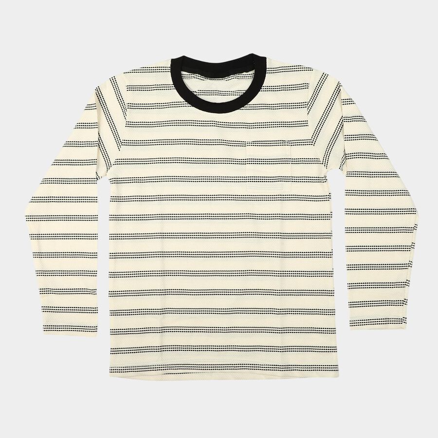 Boys' Off White Round Neck Striped Regular T-Shirt, Off White, large