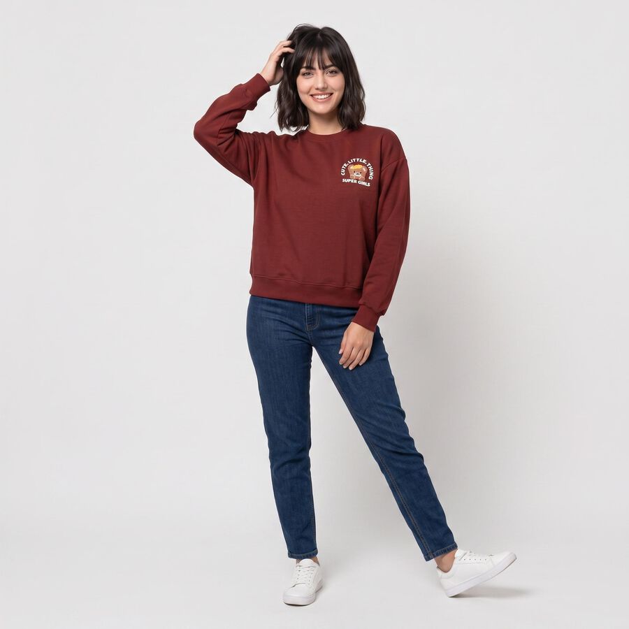 Women Maroon Crew Neck Pullover Sweatshirt, Rust, large