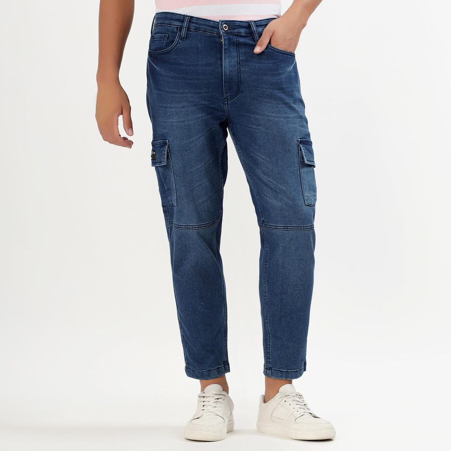 Men's Deep Blue Relaxed Fit Cargo Jeans, मध्यम नीला, large image number null