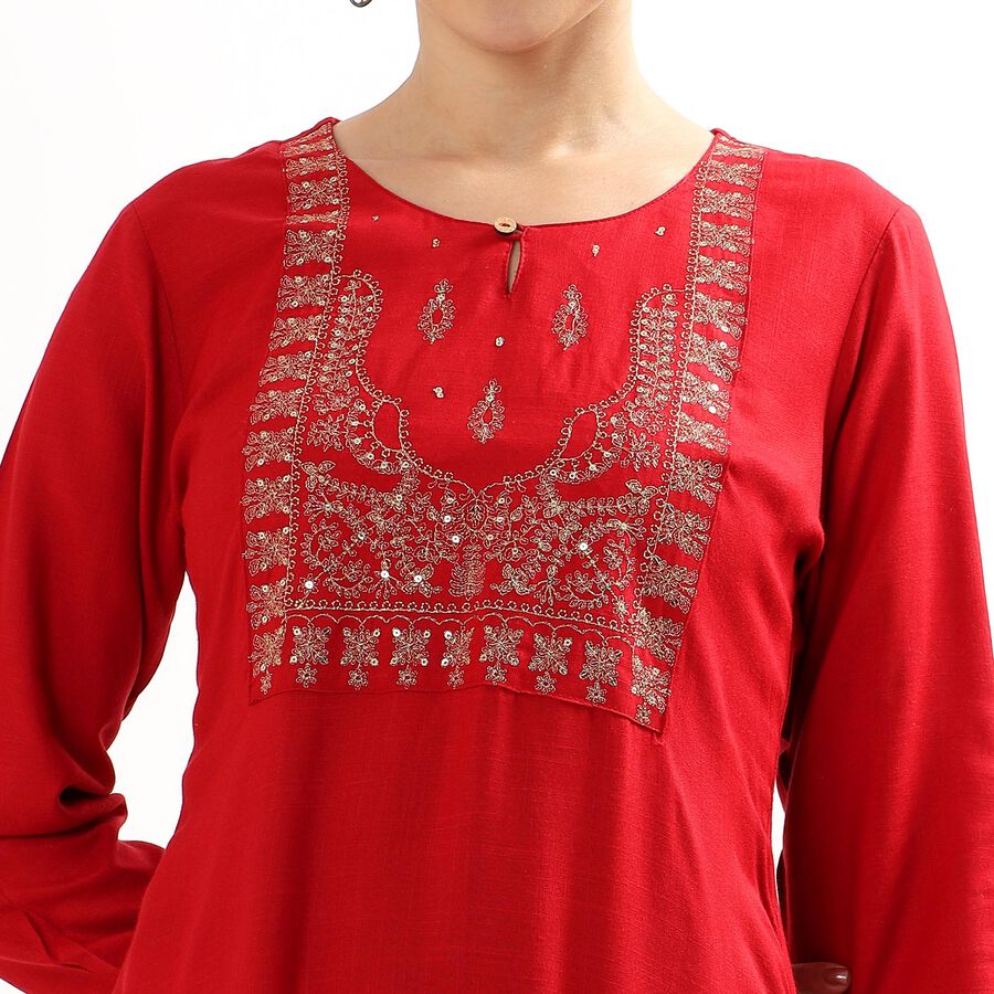 Women's Maroon Keyhole Neck Embroidered Kurta, मरून, large image number null