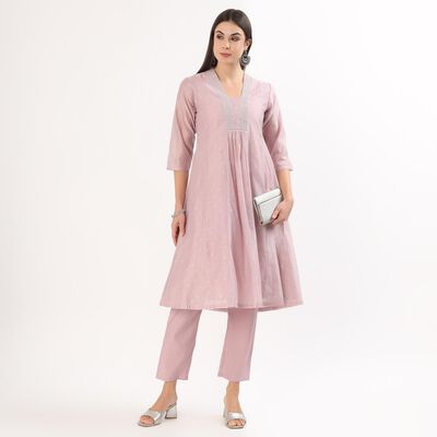 Women's Light Lavender Purple Round Neck Solid Kurta