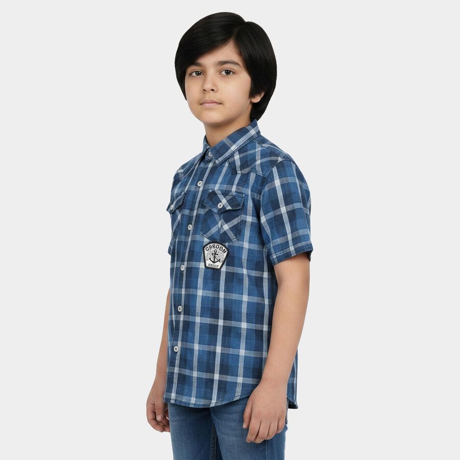Boys Navy Blue Cotton Half Sleeves Spread Collar Western Casual Shirt, Navy Blue, large