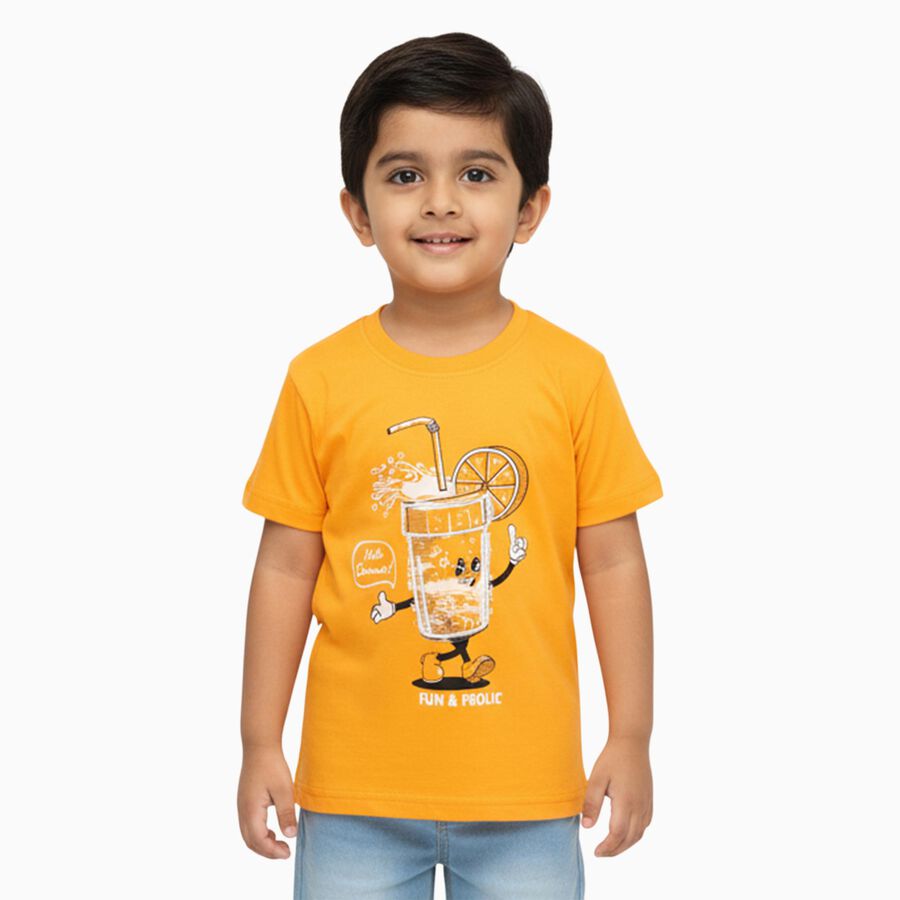 Boys Bright Orange Cotton Crew Neck Casual T-Shirt, Orange, large