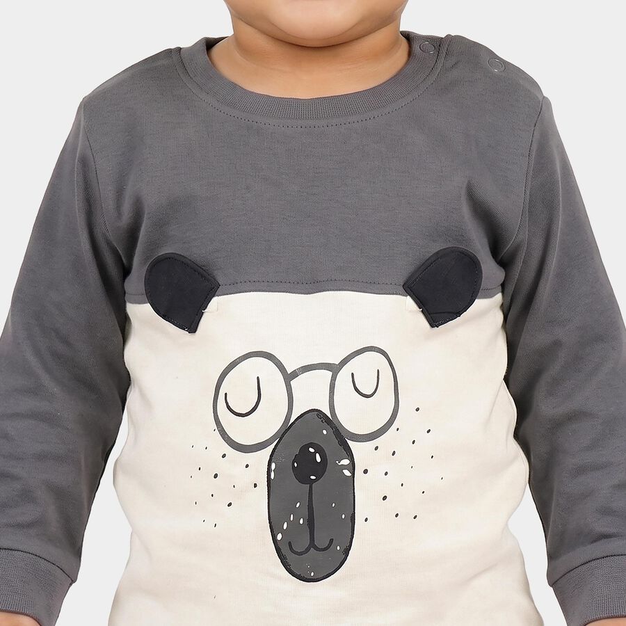 Infants' Grey Cotton Round Neck Graphic Print Baba Suit, Dark Grey, large
