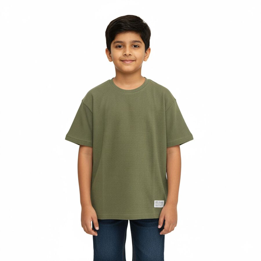 Boys Olive Green Cotton Crew Neck Casual T-Shirt, ओलिव, large image number null