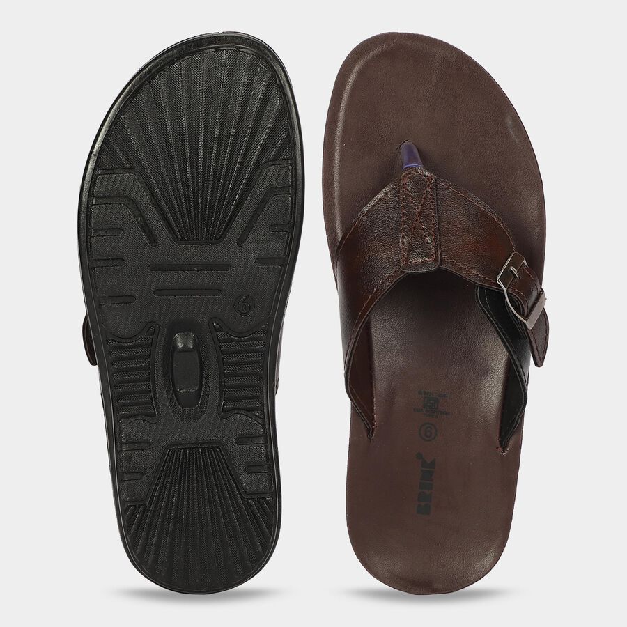 Men's Brown PU Buckle Strap Thong Sandals, भूरा, large