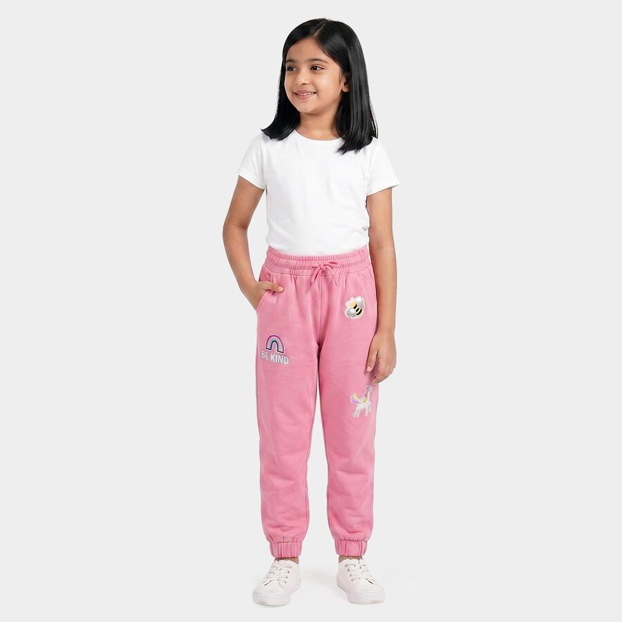 Girls Pink Jogger Fit Graphic Printed Cotton Pyjama, गुलाबी, large