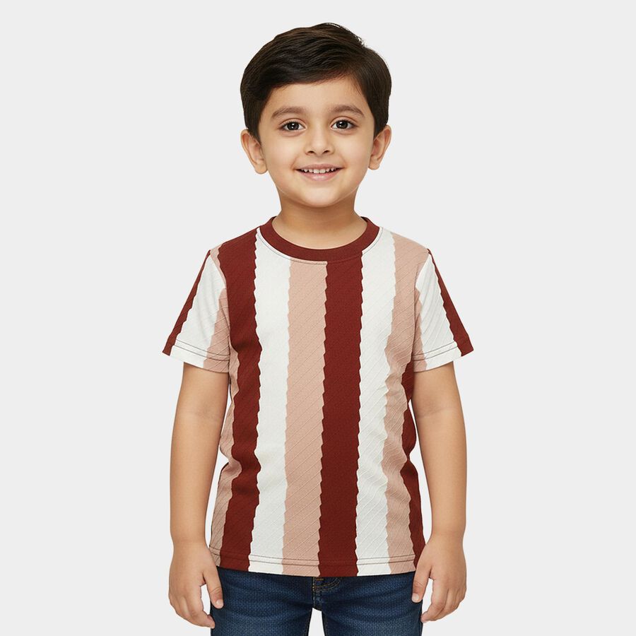 Boys' Maroon Round Neck Vertical Striped T-Shirt, Maroon, large