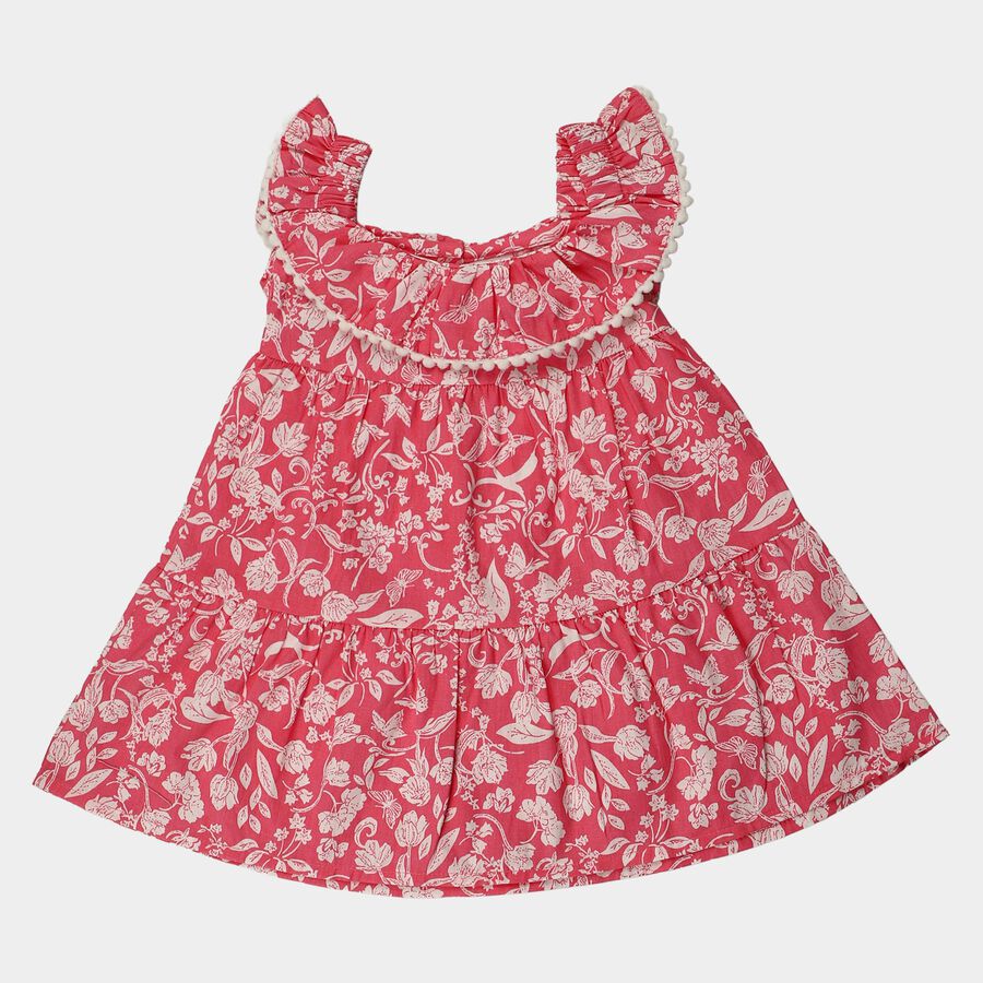 Infant Girls' Pink Regular Fit Floral Printed Tiered Frock, Pink, large