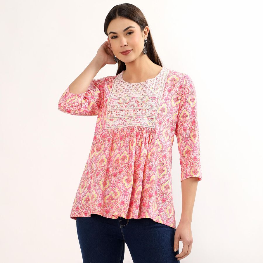 Women's Light Pink Notch Neck Floral Printed Kurti, Light Pink, large