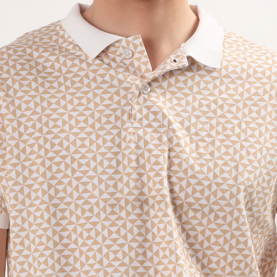 Men's White Cotton Polo Neck Geometric Printed T-Shirt, White, large