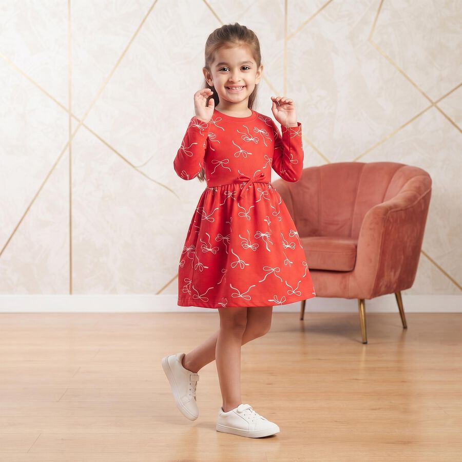 Girls' Red Bow Printed Fit and Flare Frock, Red, large