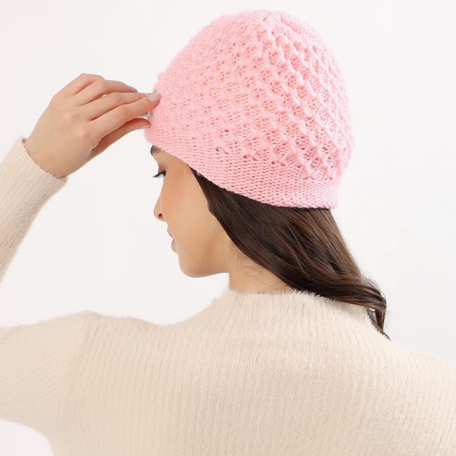 Women's Soft Pink Floral Embellished Knitted Cap, Light Pink, large image number null