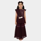 Girls Deep Maroon Sleeveless Embroidered Top and Sharara Fusion Set with Dupatta, Wine, small image number null