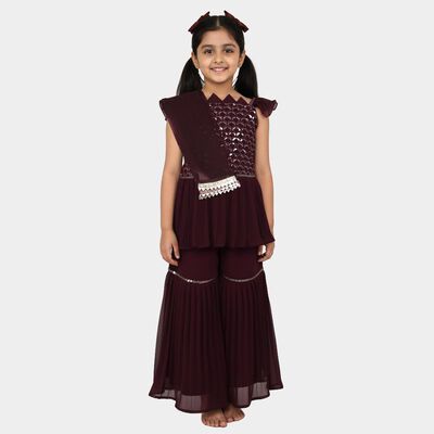 Girls Deep Maroon Sleeveless Embroidered Top and Sharara Fusion Set with Dupatta
