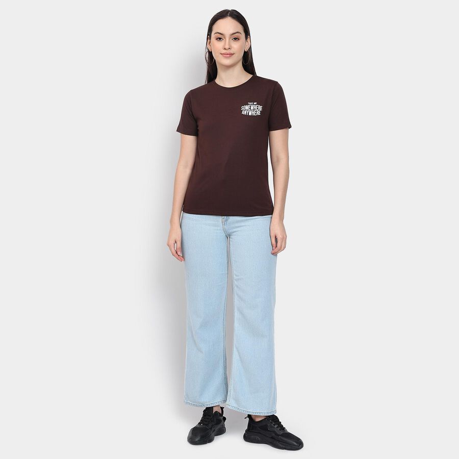 Ladies' Round Neck T-Shirt , भूरा, large