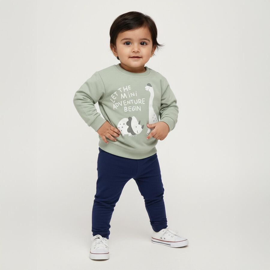 Infants Muted Sage Green Cotton Crew Neck Casual Sweatshirt, हल्का हरा, large image number null
