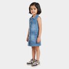 Girls' Blue Shirt Style Sleeveless Button Front Frock, मध्यम नीला, small