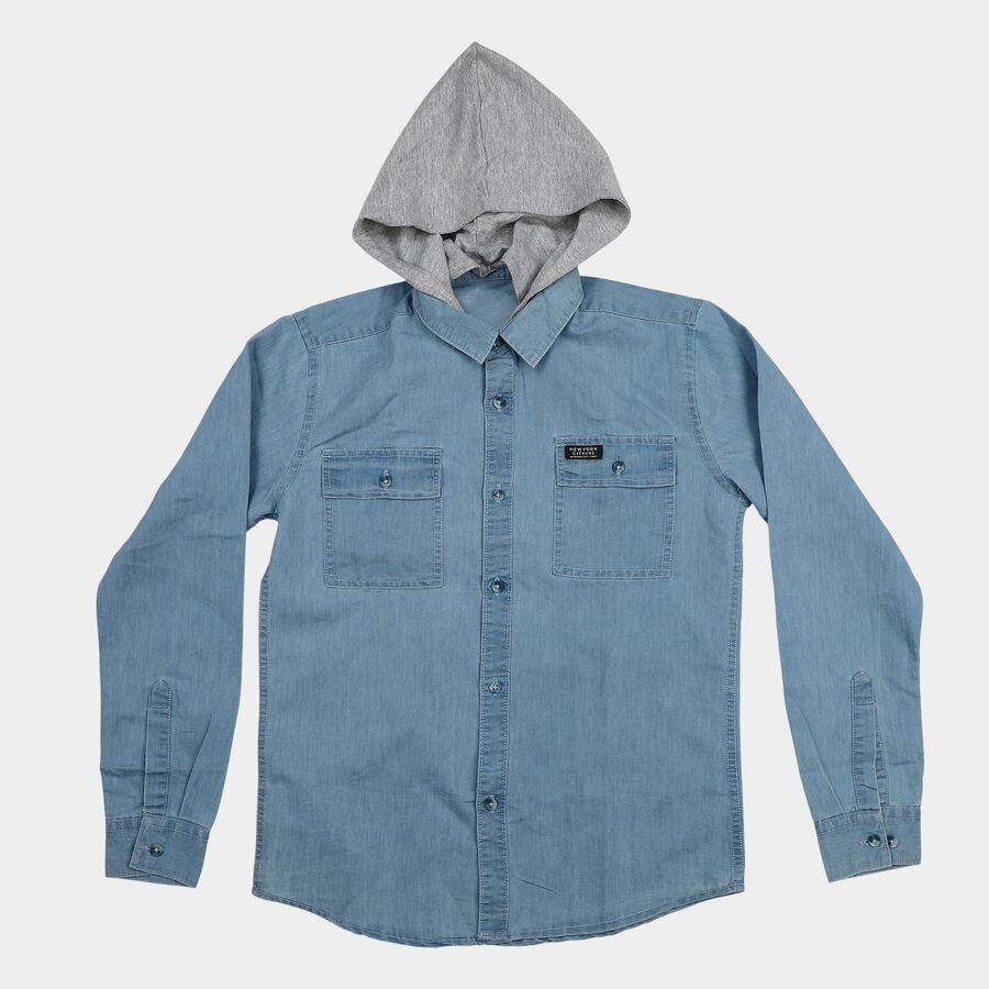 Boys' Light Blue Hooded Casual Shirt, Light Blue, large