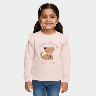 Girls Light Pink Crew Neck Ruffle Sleeve Graphic Sweatshirt