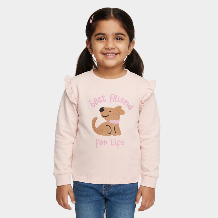 Girls Light Pink Crew Neck Ruffle Sleeve Graphic Sweatshirt, Light Pink, large image number null