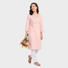 Women's Pink V-Neck Embroidered Kurta, गुलाबी, small