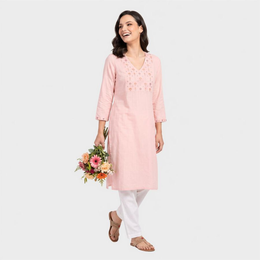 Women's Pink V-Neck Embroidered Kurta, गुलाबी, large