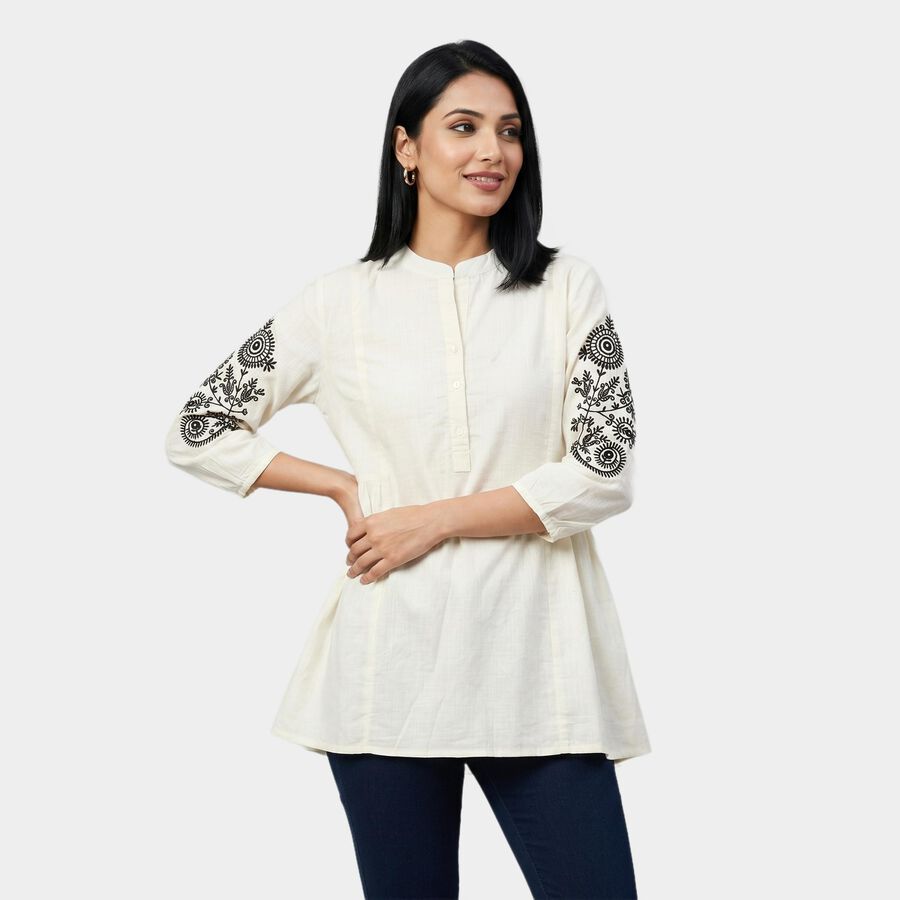 Women's White Round Neck Solid Kurti, सफ़ेद, large