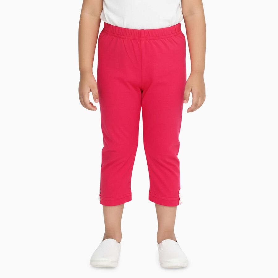Girls' Bright Pink Cotton Blend Capri Leggings with Decorative Bows, रानी (फ्यूशिया), large image number null