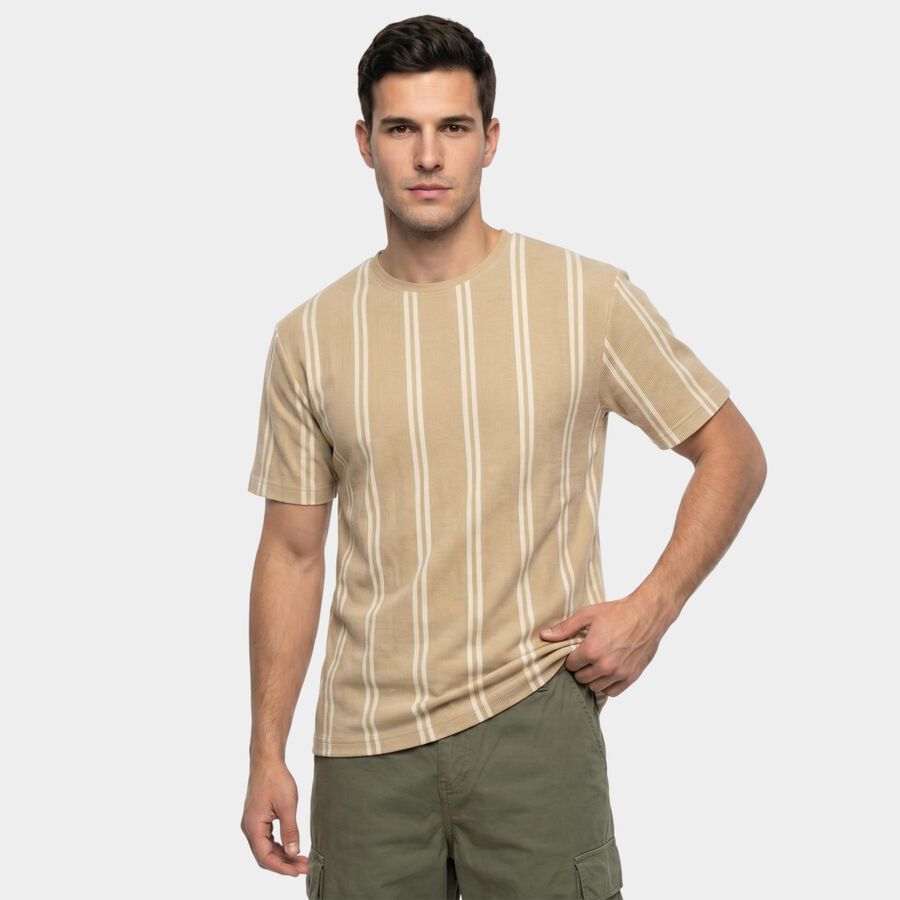 Men's Beige Round Neck Regular T-Shirt, Beige, large