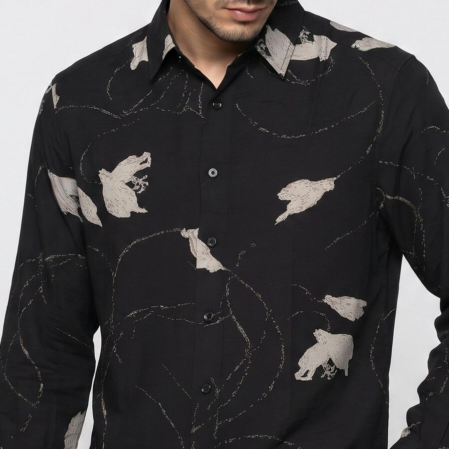 Men's Black Abstract Printed Collar Shirt, Black, large