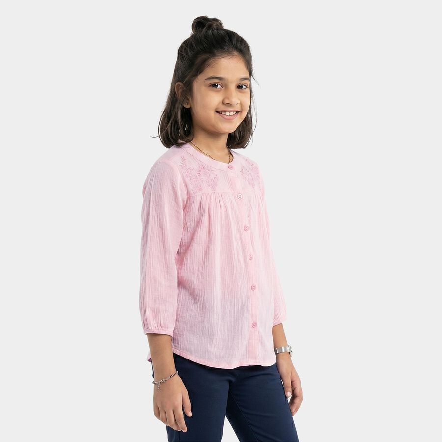 Girls' Pink Round Neck Regular Blouse, Light Pink, large