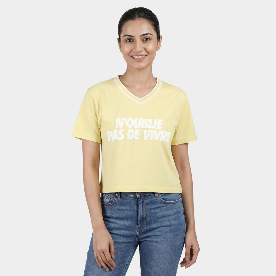 Women's Yellow Cotton Round Neck Casual T-Shirt, पीला, large