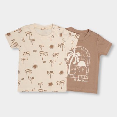 Infant Beige and Brown Cotton Round Neck T-Shirt