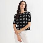 Women's Black Round Neck Casual Printed Top, Black, small