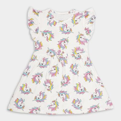 Girls' Bright White Unicorn Printed A-Line Frock