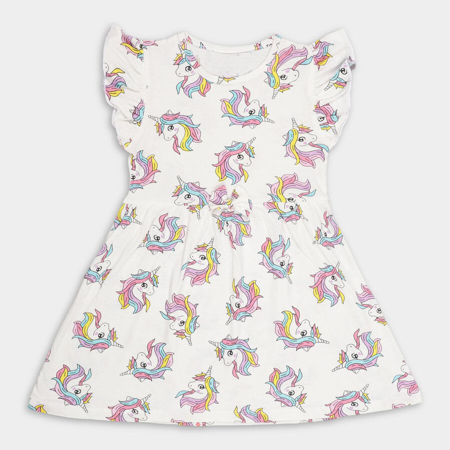 Girls' Bright White Unicorn Printed A-Line Frock, Off White, large image number null