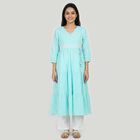Women's Light Blue Cotton V-Neck Embroidered Kurta, Light Blue, small