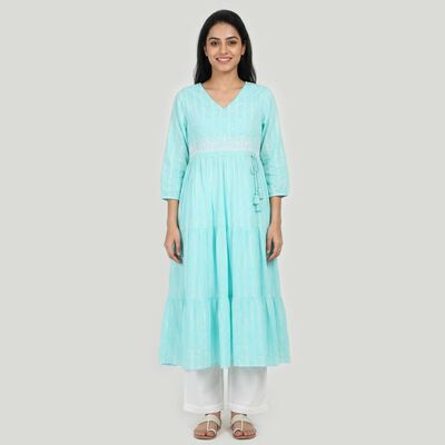 Women's Light Blue Cotton V-Neck Embroidered Kurta