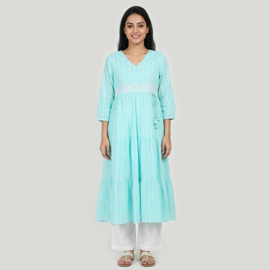 Women's Light Blue Cotton V-Neck Embroidered Kurta, Light Blue, large